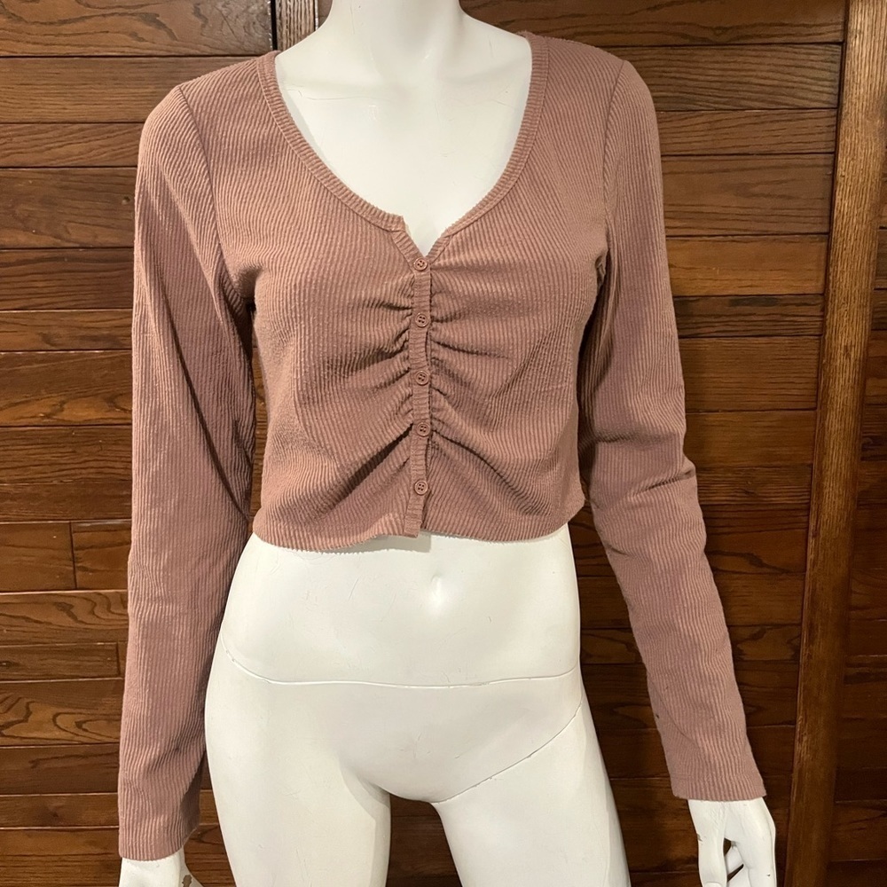 LOVE Tree. Ribbed. Crop top. Tan. Button up. Scoop neck. Rousching.